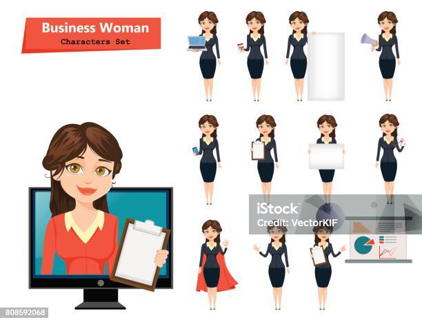 Businesswoman With Various Things Set Of Cute Cartoon Character Vector Illustration Isolated On White Background Stock Illustration - Download Image Now