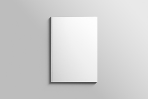 Maqueta de fotorealista folleto A4 en blanco sobre fondo gris claro. photo