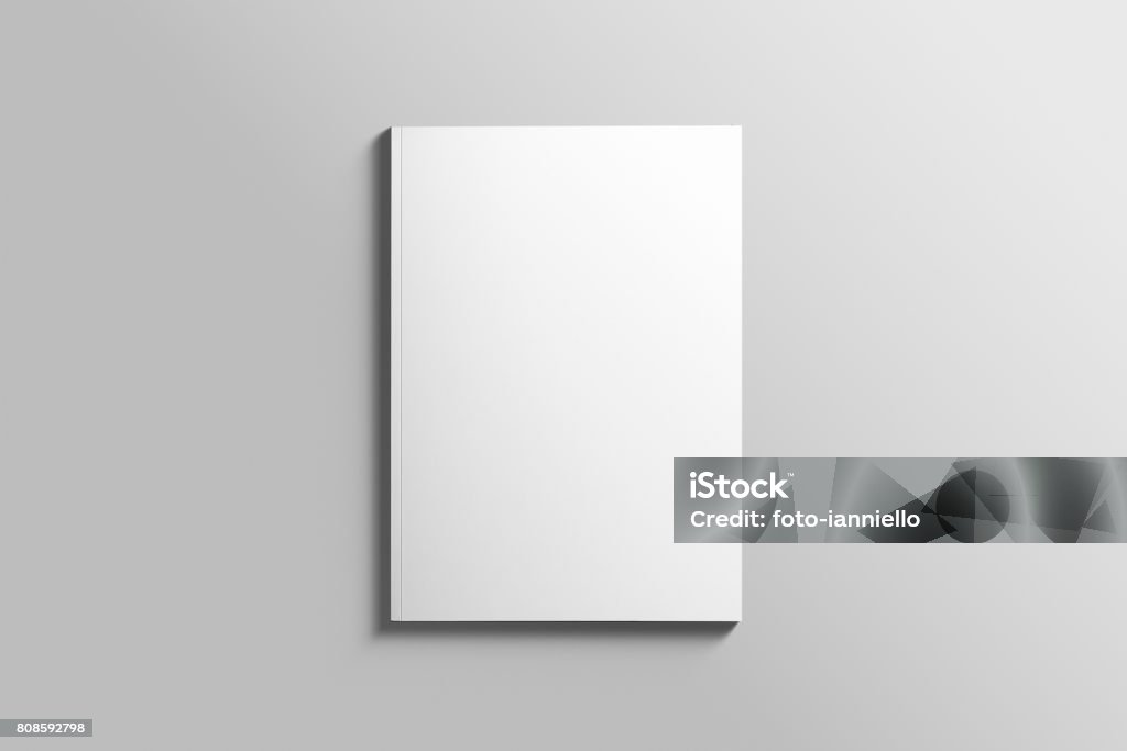 Blank A4 photorealistic brochure mockup on light grey background. Model - Object Stock Photo