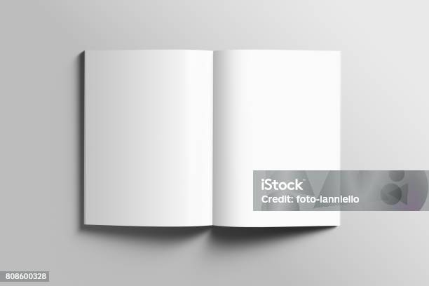 Foto de Em Branco A4 Maquete De Fotorealistas Brochura Sobre Fundo Cinzento Claro e mais fotos de stock de Livro
