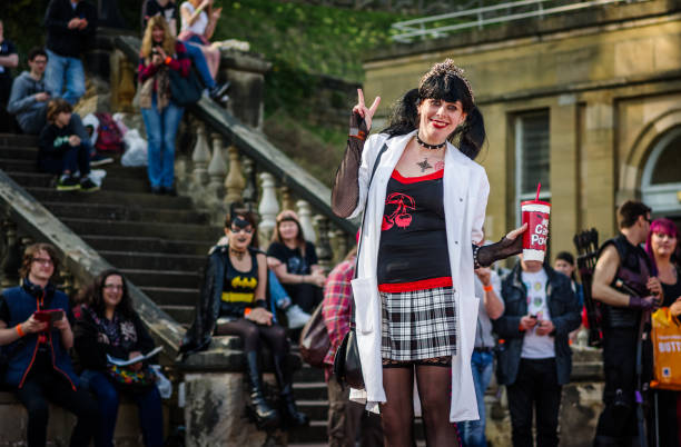 hebden Bridge, West Yorkshire, United Kingdom - 01 august 2021: two women in costume in the street at the annual hebden bridge steampunk weekend