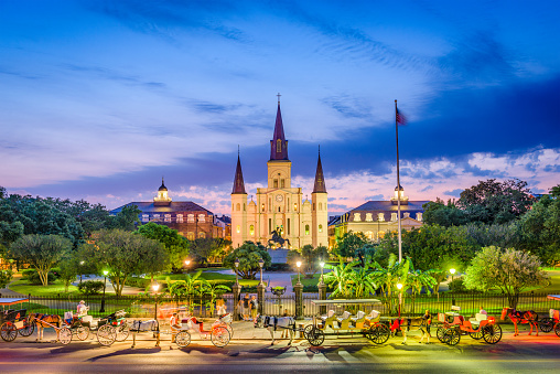 New Orleans, Louisiana, USA at St. Louis Cathedral and Jackson Square.