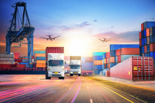 istock Logistics import export background and transport industry of Container Cargo freight ship and Cargo plane at seaport 808622784