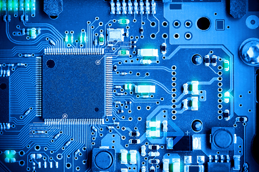 Close-up electronic circuit board. technology style concept.