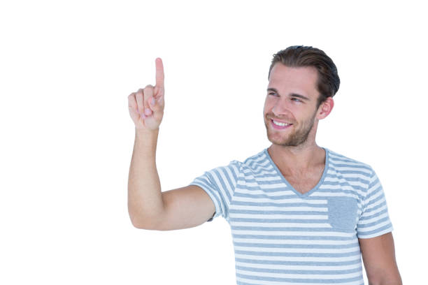 istock Happy handsome man gesturing finger up 808703782