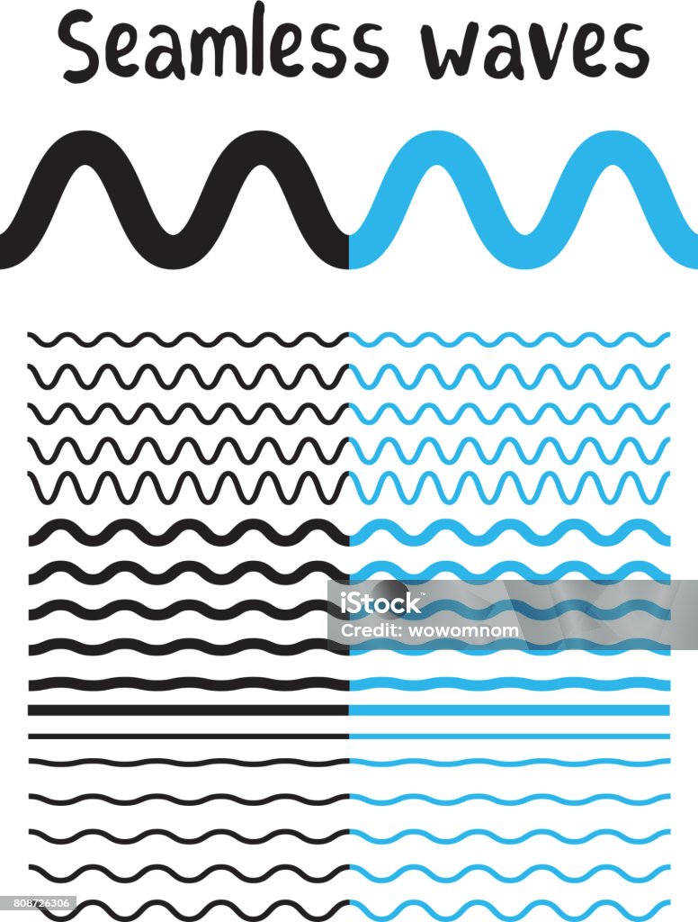 Sammlung von verschiedenen Welle isoliert auf weißem Hintergrund. Vektor groß eingestellt von nahtlosen wellig - kurvige und Zick-Zack - Criss cross horizontale schwarze und blaue Linien. - Lizenzfrei Kringel Vektorgrafik