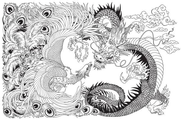 Chinese dragon and phoenix playing a pearl black white Chinese dragon and phoenix feng huang playing with a pearl ball . Black and white vector illustration phoenix stone stock illustrations