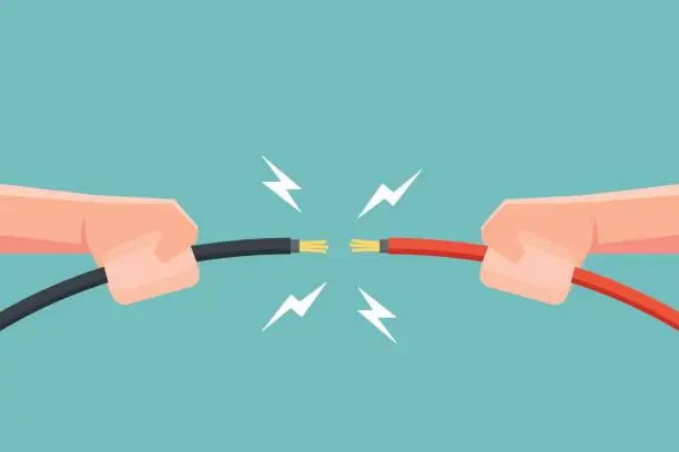Vector illustration of Hands holding electric cable with electricity spark. Vector illustration.