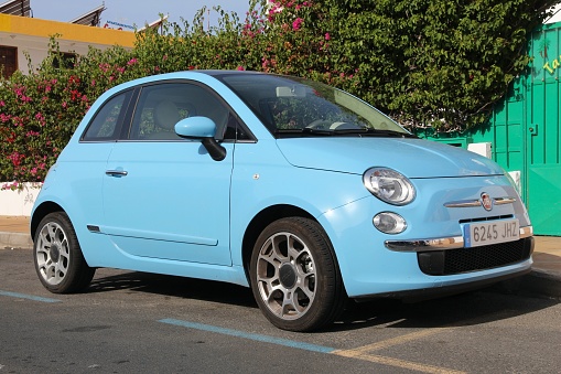 Fiat 500 parked in Gran Canaria, Spain. Fiat 500 supermini car was introduced in 2007 and received European Car of the Year award for 2008.