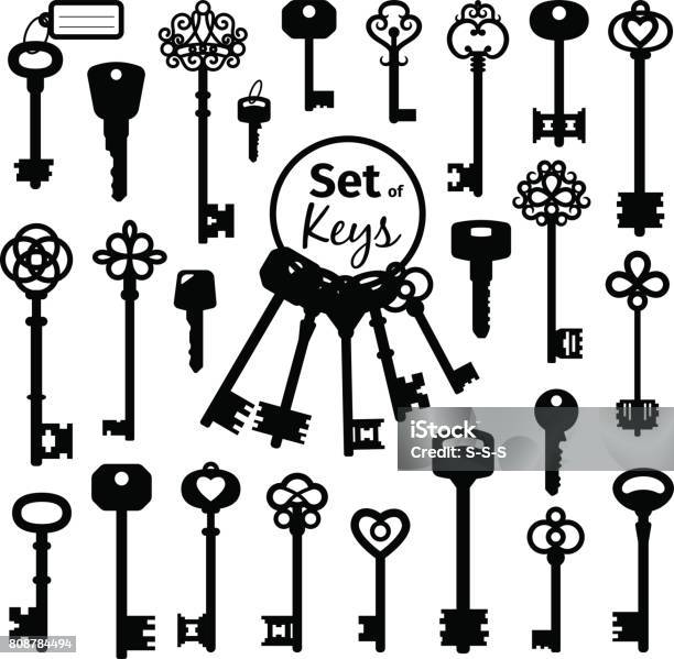 Vintage Antique Key Collection Stock Illustration - Download Image Now - Key, Computer Graphic, Heart Shape