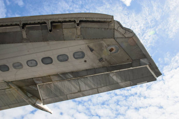 istock Wing texture of old commercial airplane with blue sky 808784552
