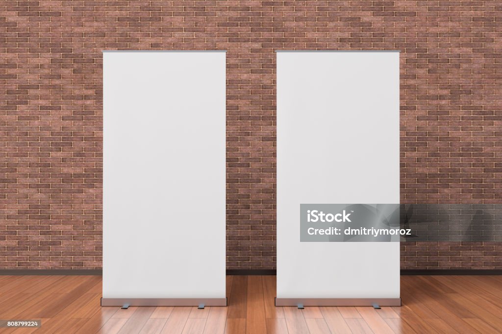 Two blank roll up banner stands Two blank white roll up banner stands isolated in interior with clipping path around ad banner. 3d illustration Roll Up Banner Stock Photo