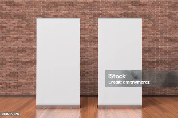 Two Blank Roll Up Banner Stands Stock Photo - Download Image Now - Roll Up Banner, Template, Rolling