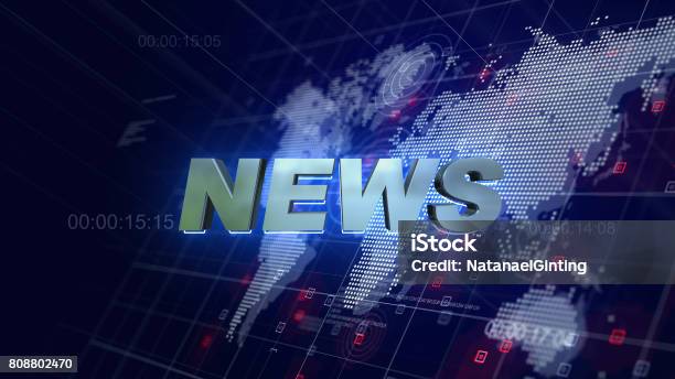 News Opening Graphics World Map Blue Background Stock Photo - Download Image Now - Press Room, Bumper, Journalism