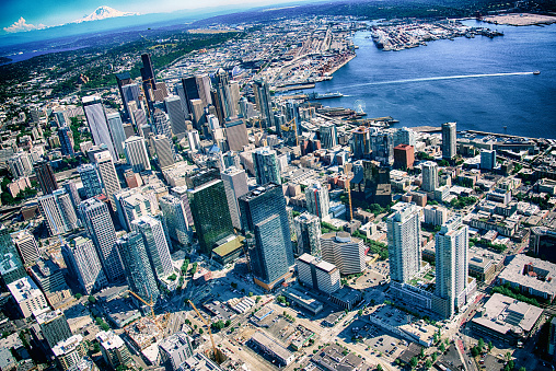Downtown Seattle's skyline from an altitude of about 1000 feet during a helicopter photo flight.