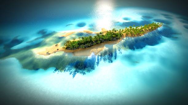 istock Small tropical island in Maldives atoll from aerial view 3d rendering 808826984