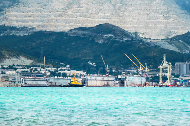 Floating docks, Shipyard, Black Sea coast and mountains, Russia