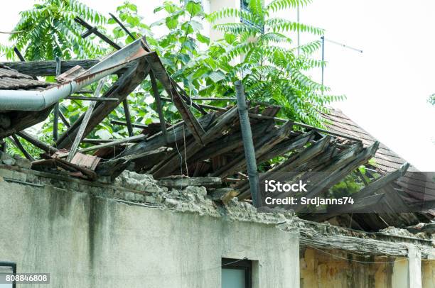 Collapsed Roof On Old Abandoned House Selective Focus Stock Photo - Download Image Now
