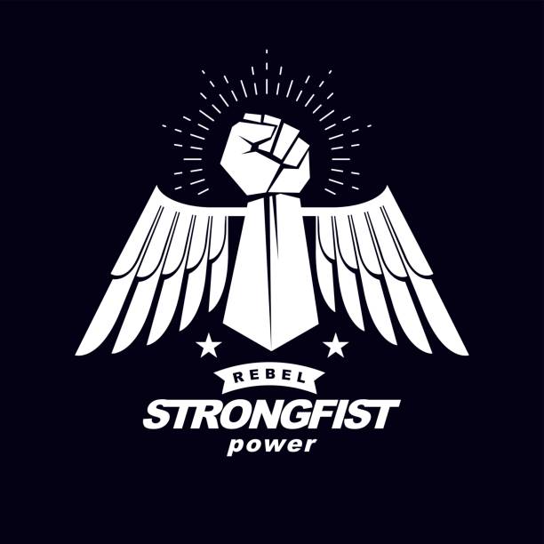 istock Strong fist of an active sportsman vector symbol created using eagle wings and stars. Fighting club abstract emblem. 808873672
