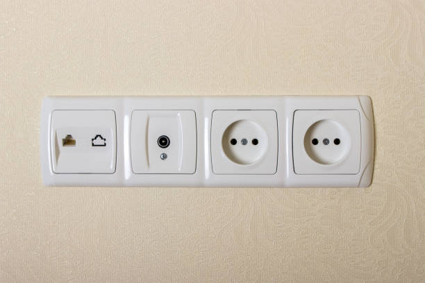 istock Close up power outlet and telephone outlet and computer outlet in a socket 808912202