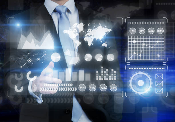 istock Close up of man working in virtual reality, graphs 808934540