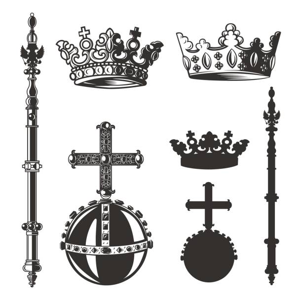 Heraldic symbols, monarch set. Vector illustration. Black and white vector objects sceptre stock illustrations
