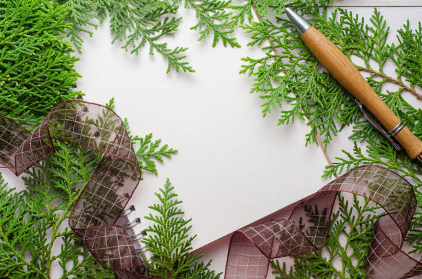 istock Blank notebook with green leaves and pen on wooden table. 808948742