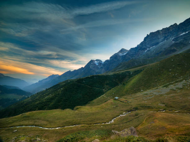 A beautiful mountain valley at sunset