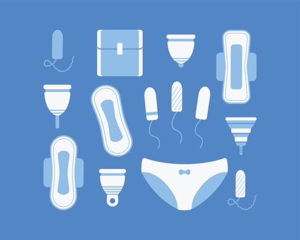 Intimate hygiene icons set Intimate hygiene vector flat icons set, Flat design of sanitary pads, tampons, menstrual cups and panties isolated on the dark background, Vector illustration pics of a bewitched stock illustrations