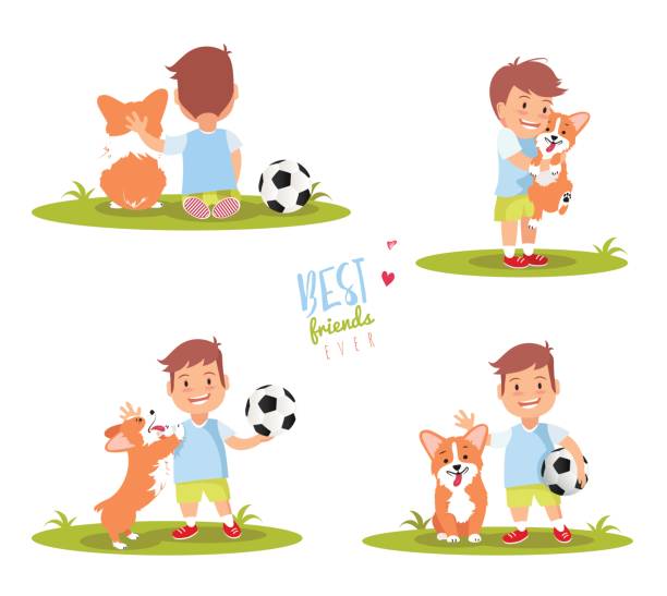 zestaw cute mały chłopiec bawi się ze swoim psem. - dog set humor happiness stock illustrations