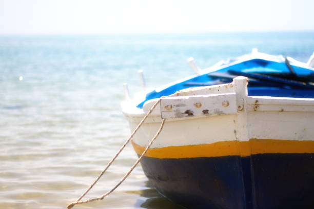 istock Sunlit Blue and White Mediterranean Fishing Boat 809075346