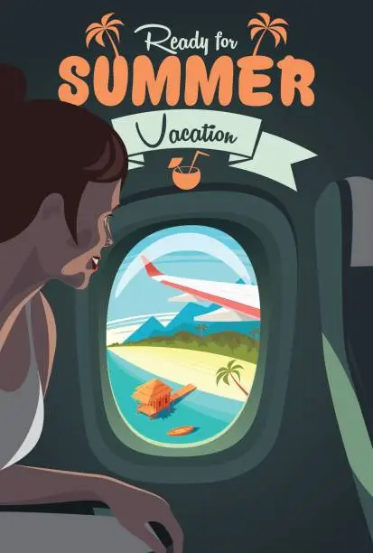 Vector illustration of A look at the tropical beach from the plane