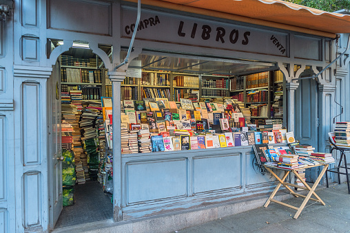 Old books on a second hand book market at Parque del Retiro in Madrid.