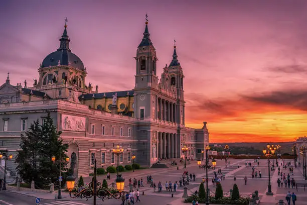 Madrid, Spain: the Cathedral of Saint Mary the Ryoal of La Almudena at sunset