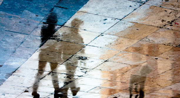 istock Blurry reflection shadow of two people and a dog on wet pavement 809109322