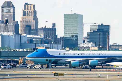 Air Force One, an aircraft (Boeing 747) designated to carry the President of the United States of America, on the runway apron at Newark Liberty International Airport, New Jersey, USA.