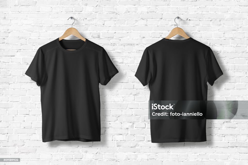 Blank Black T-Shirts Mock-up hanging on white wall, front and rear side view . Ready to replace your design T-Shirt Stock Photo