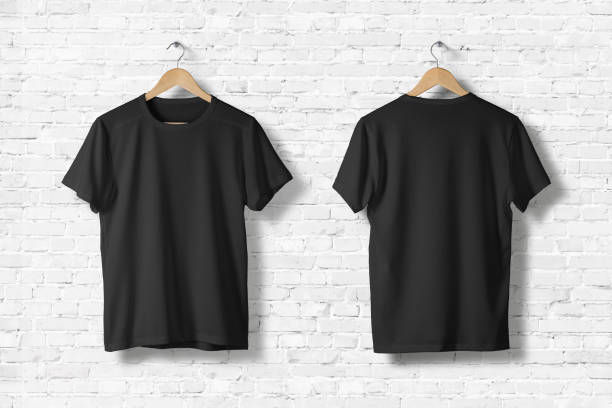 blank black t-shirts mock-up hanging on white wall, front and rear side view . ready to replace your design - black backgound imagens e fotografias de stock