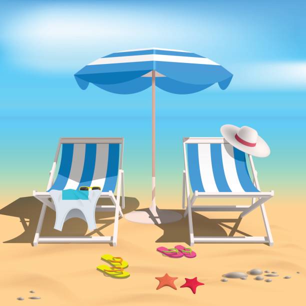 Summer. Recliners and Beach umbrella. Sea. Vector Illustration Summer. Recliners and Beach umbrella. Sea. Vector Illustration plage stock illustrations