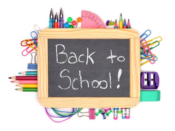 istock Chalkboard with Back to School and school supplies over white 809266000