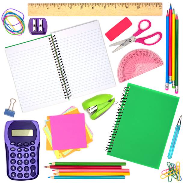 School or office supplies individually isolated on white Assortment of school or office supplies individually isolated on white stapled paper stock pictures, royalty-free photos & images