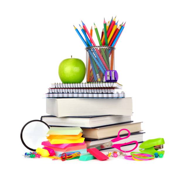 istock Stack of books and school supplies isolated on white 809275012