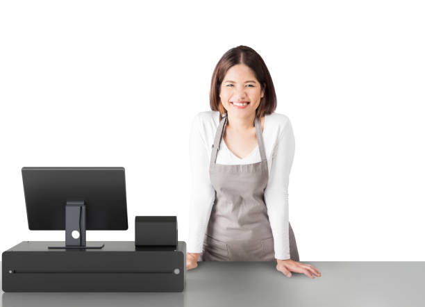 asian worker with cashier desk asian worker with 3d rendering cashier desk on white background till stock pictures, royalty-free photos & images