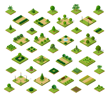 Set of 3D isometric urban parks. City natural ecological landscapes of town infrastructure. Trees lawns garden paths and benches the dimensional kit of items for construction of conceptual project design