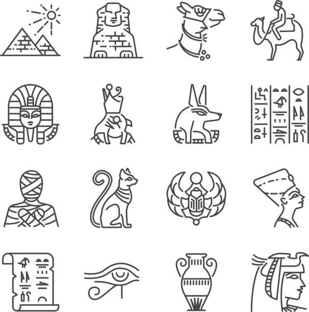 ilustraciones, imágenes clip art, dibujos animados e iconos de stock de conjunto de iconos de la línea de egipto. incluye los iconos como faraón, pirámide, momia, anubis, camello y mucho más. - hieroglyphics egypt egyptian culture nefertiti