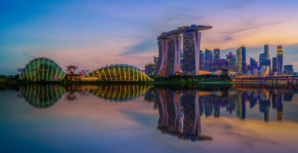 SINGAPORE - JULY 9, 2016 : Singapore Skyline and view of skyscrapers on Marina Bay view from the garden by the bay at twilight time. SINGAPORE - JULY 9, 2016 : Singapore Skyline and view of skyscrapers on Marina Bay view from the garden by the bay at twilight time. bay east garden singapore stock pictures, royalty-free photos & images