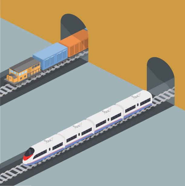 isometrischen 3d vektor illustration güterzug und ein d-zug auf u-bahn-bahnhof track - train tunnel stock-grafiken, -clipart, -cartoons und -symbole