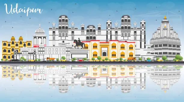 Vector illustration of Udaipur Skyline with Color Buildings, Blue Sky and Reflections.
