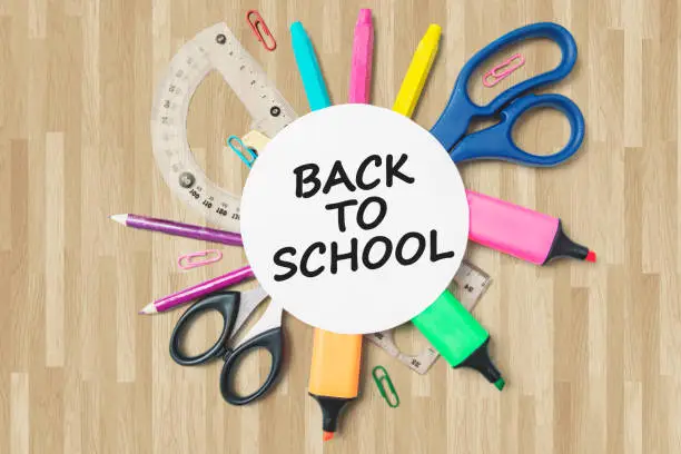 Closeup of school supplies with text of back to school on the round paper