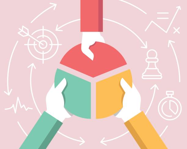 ilustraciones, imágenes clip art, dibujos animados e iconos de stock de vector ilustración plana lineal relacionado de comunicación, relación de las partes interesadas, colaboración y trabajo en equipo - responsabilidad